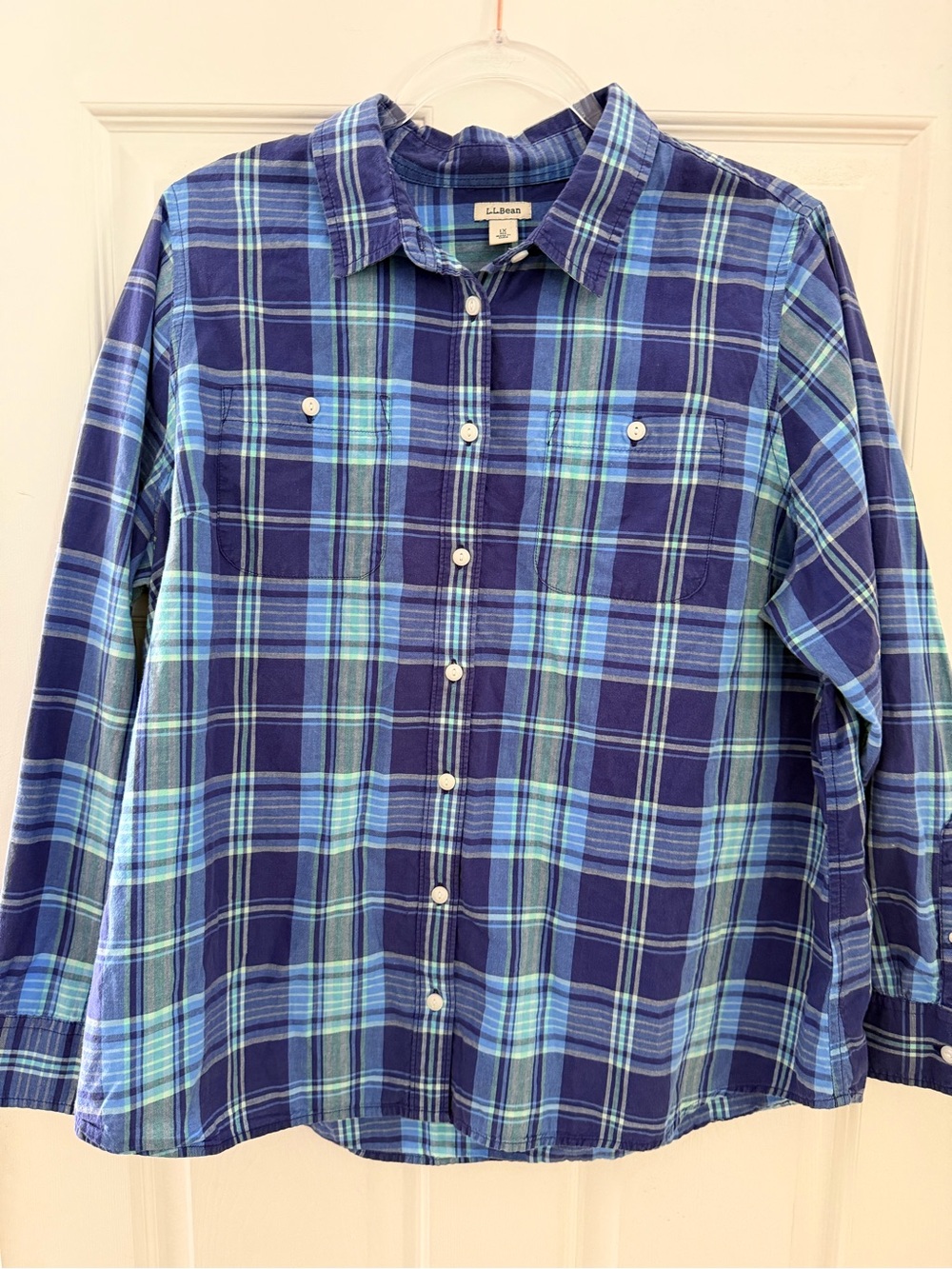 L.L.Bean 1X Blue Plaid Button Down Shirt 100% Cotton Long Sleeve Plus Size